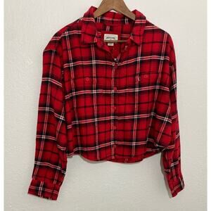 NWT American Eagle Size M Red Cropped Plaid Flannel Button Up Top Preppy Casual